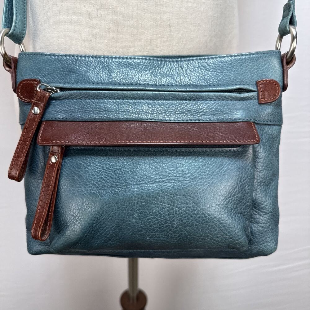 Osgoode Marley Two Tone Leather Crossbody Bag Purse Teal Blue Brown Multi Pocket - Picture 2 of 8